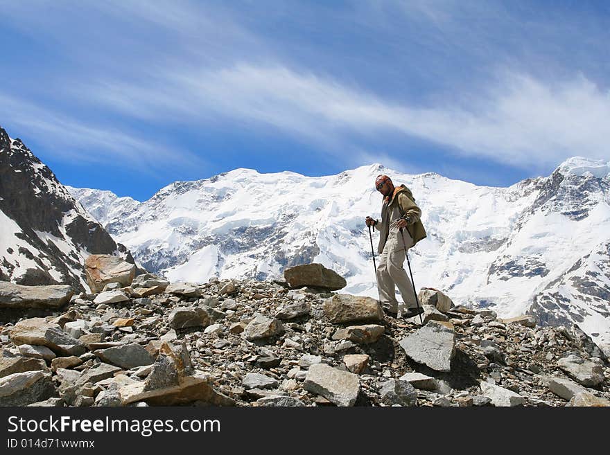 Hiker in Caucasus mountains, Bezengy