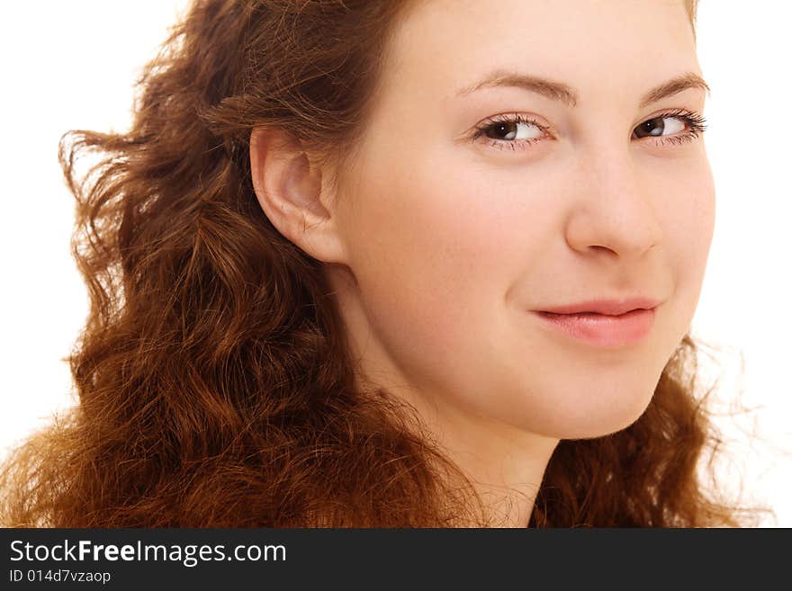 Pretty young smiling woman on white background