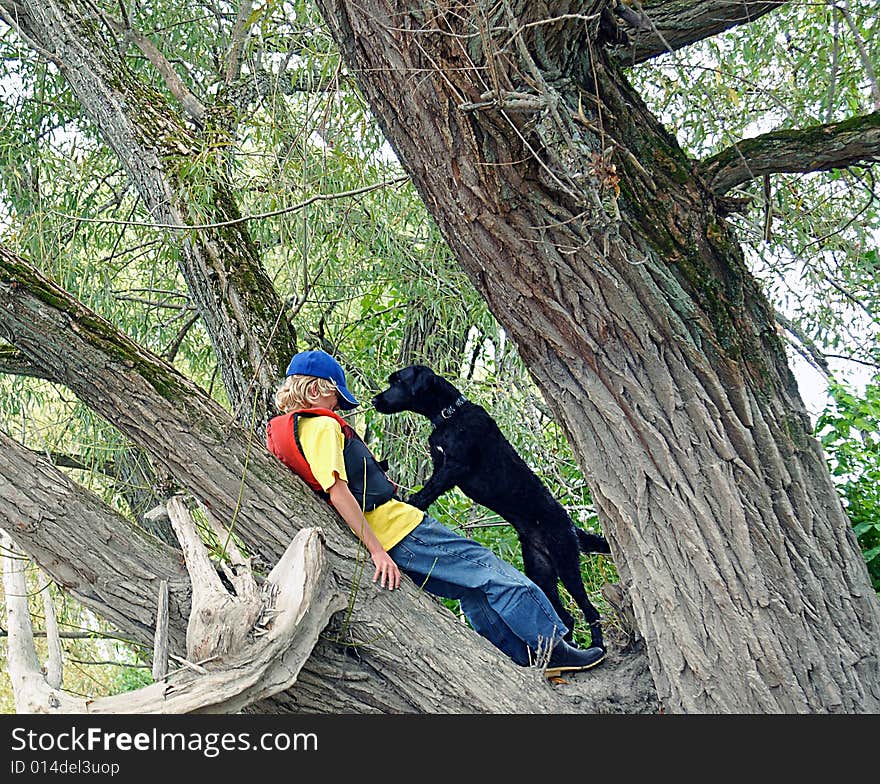 A boy plays with his pal, a Portuguese Water Dog in a Willow Tree on the bank of the Nottawasaga River, Ontario. A boy plays with his pal, a Portuguese Water Dog in a Willow Tree on the bank of the Nottawasaga River, Ontario.