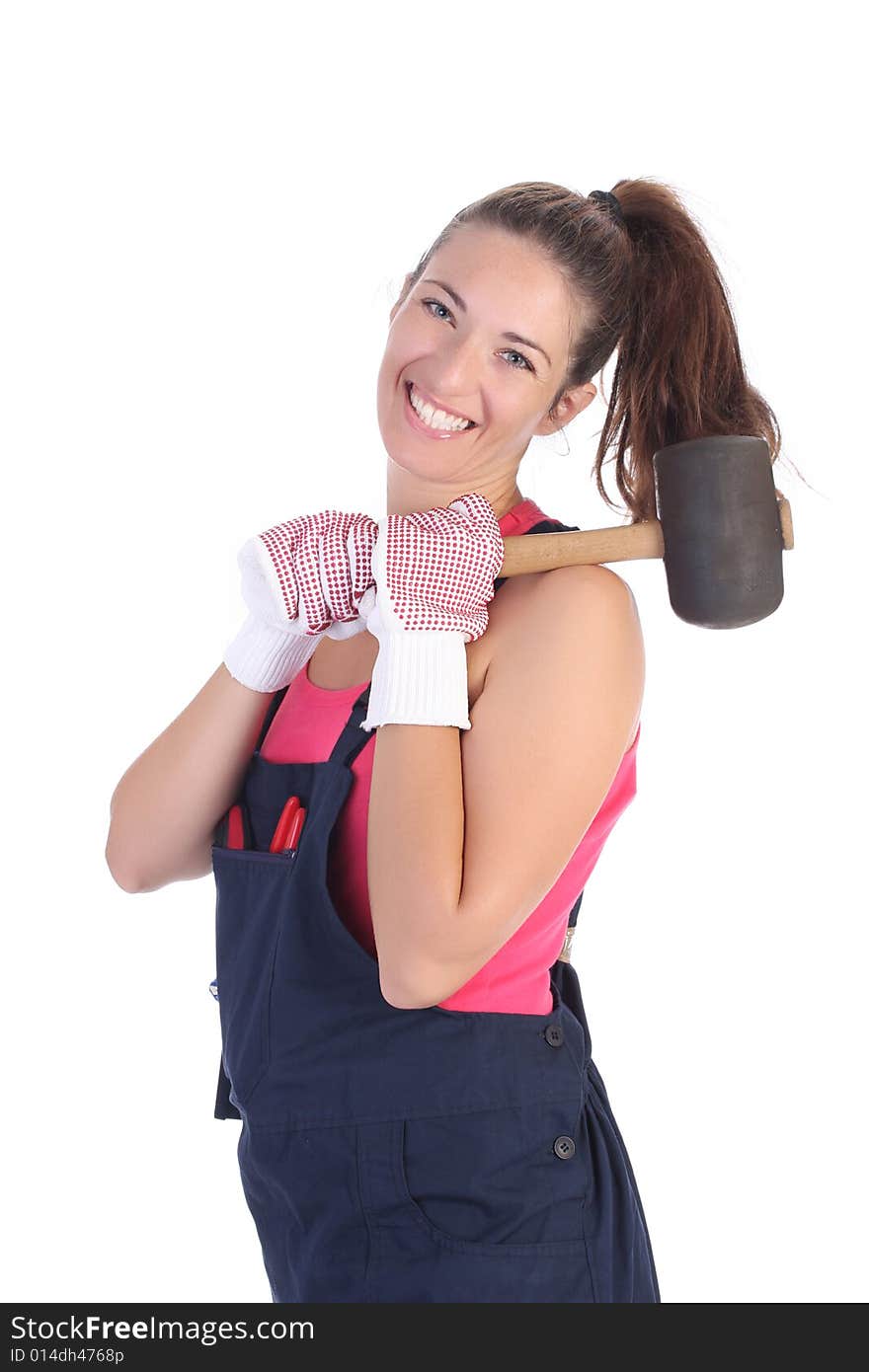 Woman with black rubber mallet on white background