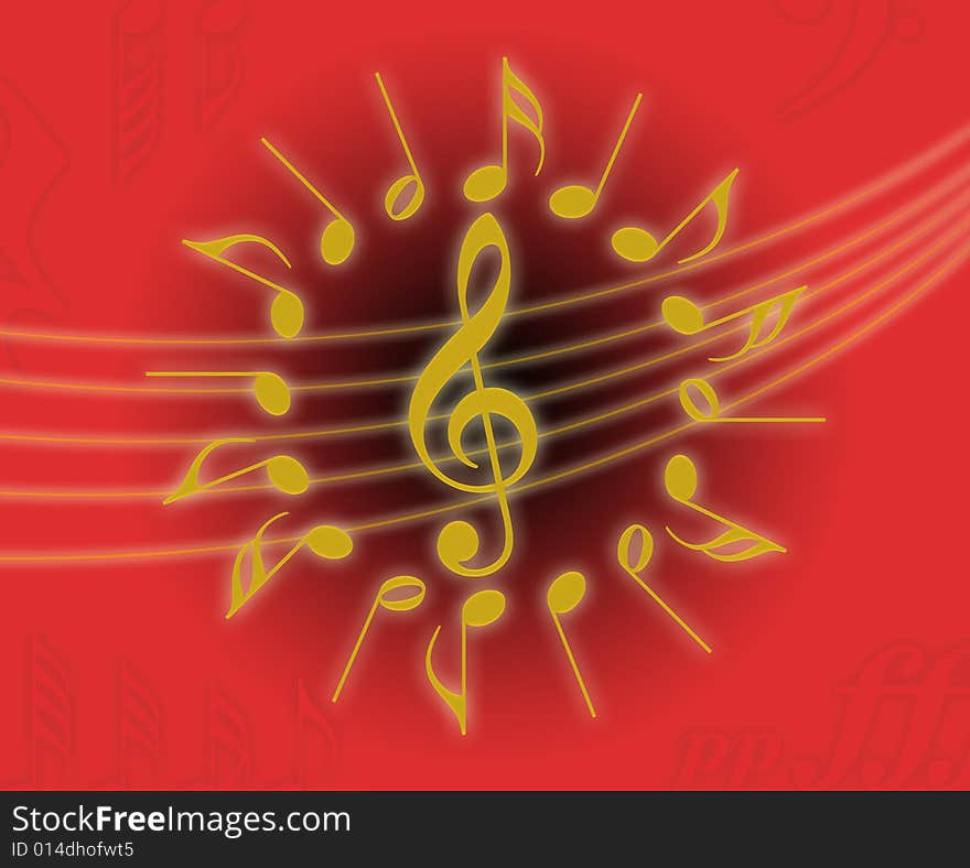 Black and red background with treble clef and a corolla of notes. Black and red background with treble clef and a corolla of notes