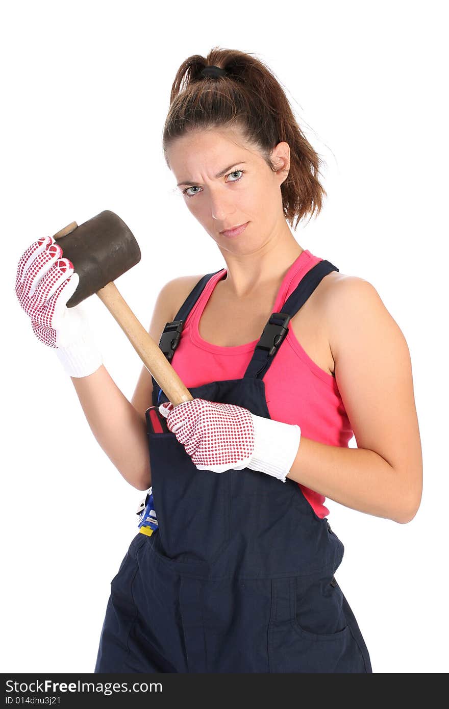 Woman with black rubber mallet on white background