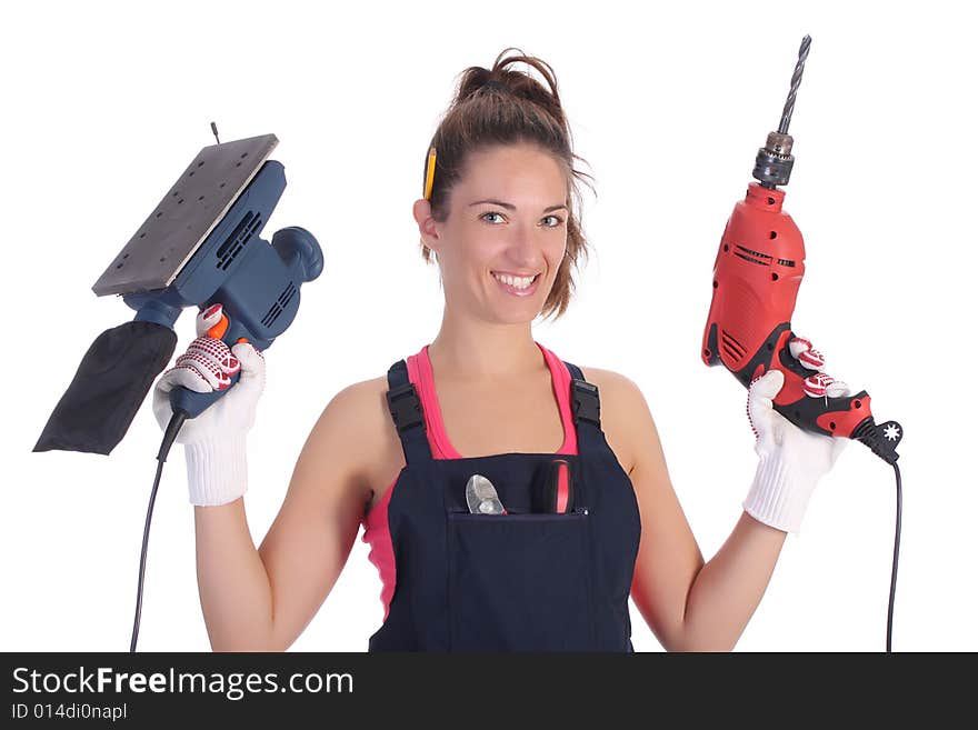 Beauty woman with auger and sander on white background