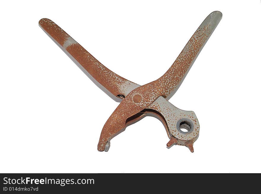Old rusty leather hole punch isolated on white background. Old rusty leather hole punch isolated on white background