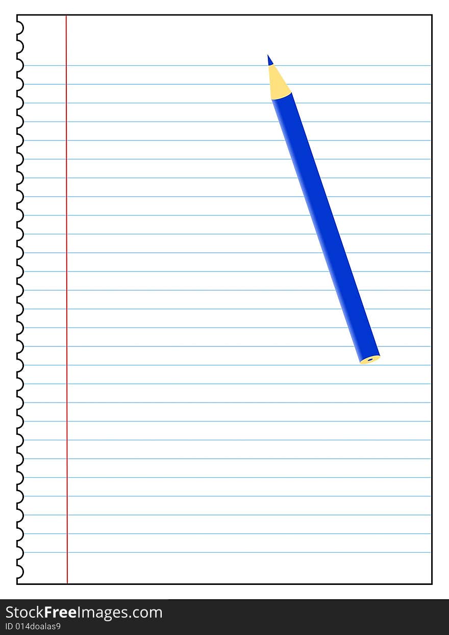 Vector of a blank piece of lined paper with a blue pencil lying across it. Vector of a blank piece of lined paper with a blue pencil lying across it