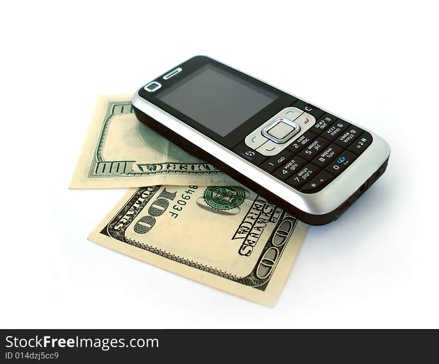 Isolated mobile with 100 dollars. Isolated mobile with 100 dollars