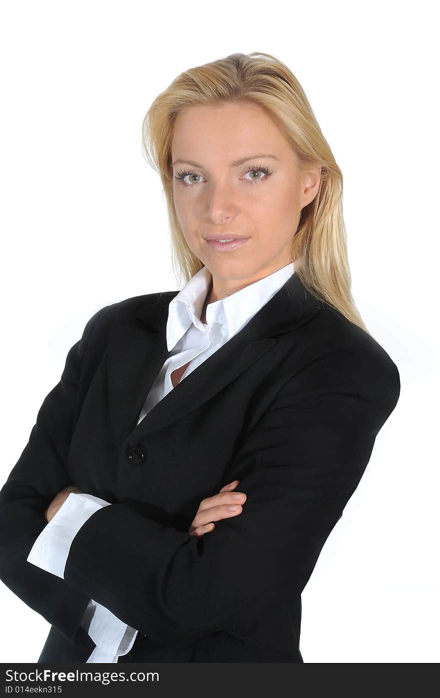 Selfconfident business woman posing, wearing a black jacket.