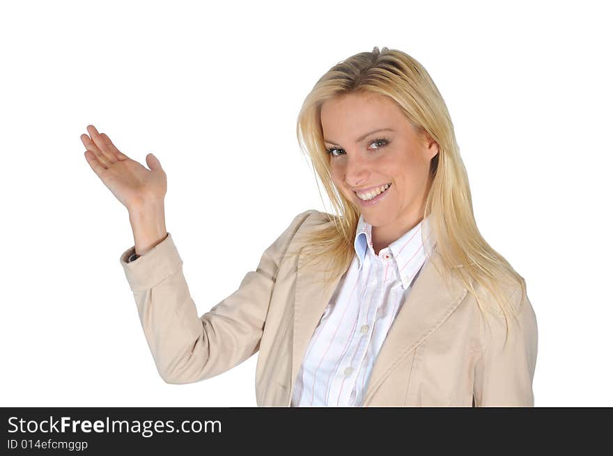 Young woman gesturing with one hand, smiling. Young woman gesturing with one hand, smiling.