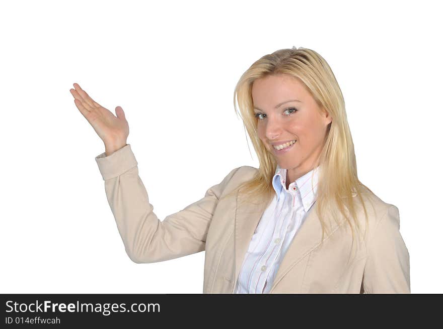 Young woman gesturing with one hand, smiling. Young woman gesturing with one hand, smiling.