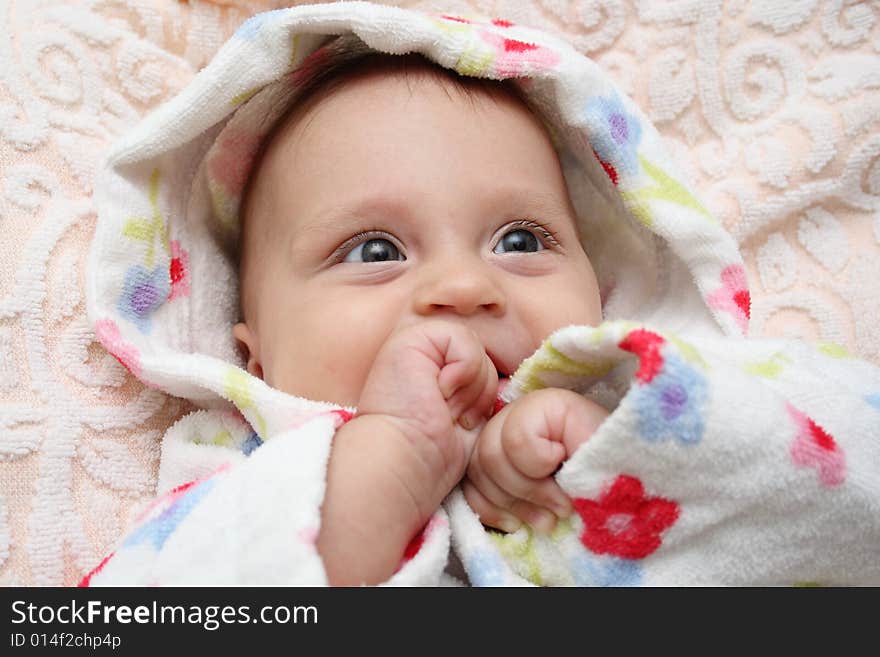 Little baby in dressing-gown before bath. Little baby in dressing-gown before bath.