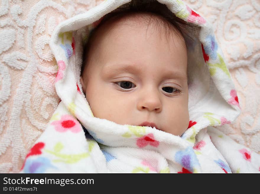 Little baby in dressing-gown before bath. Little baby in dressing-gown before bath.