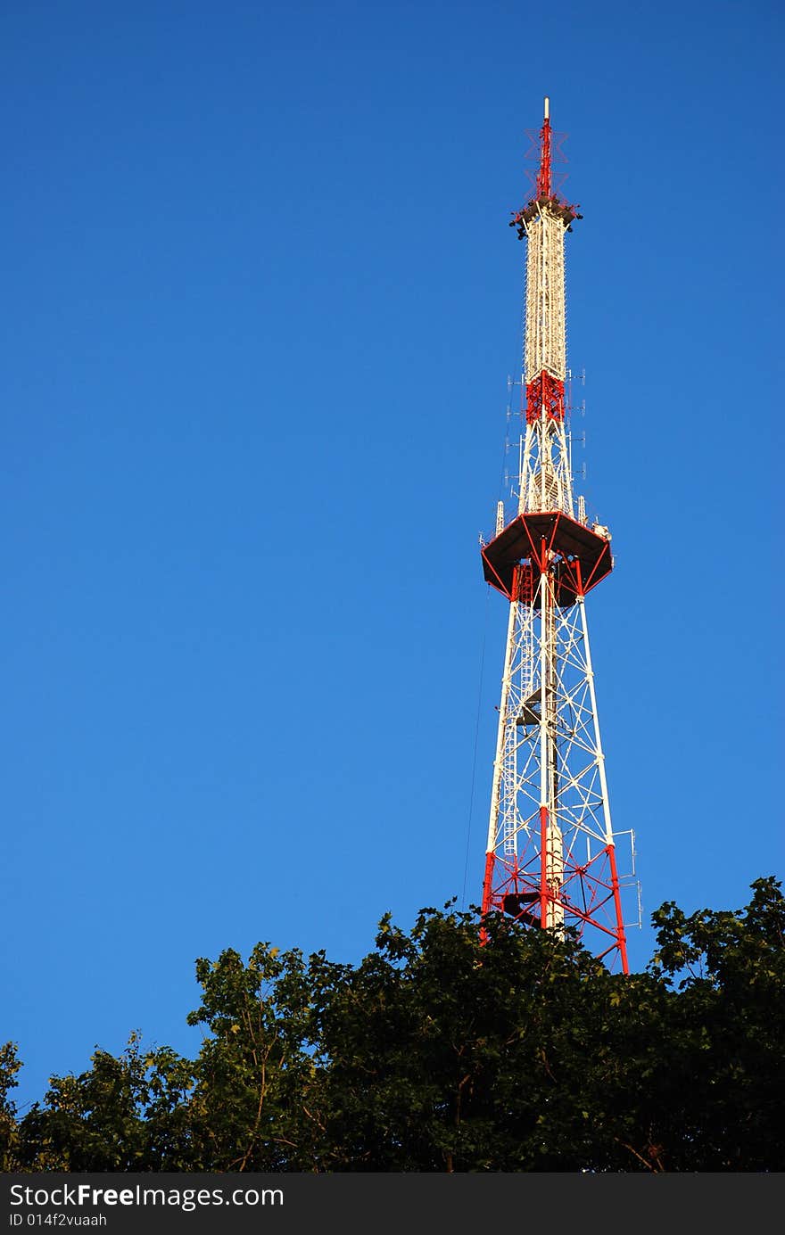 Telecommunication tower with blue sky background