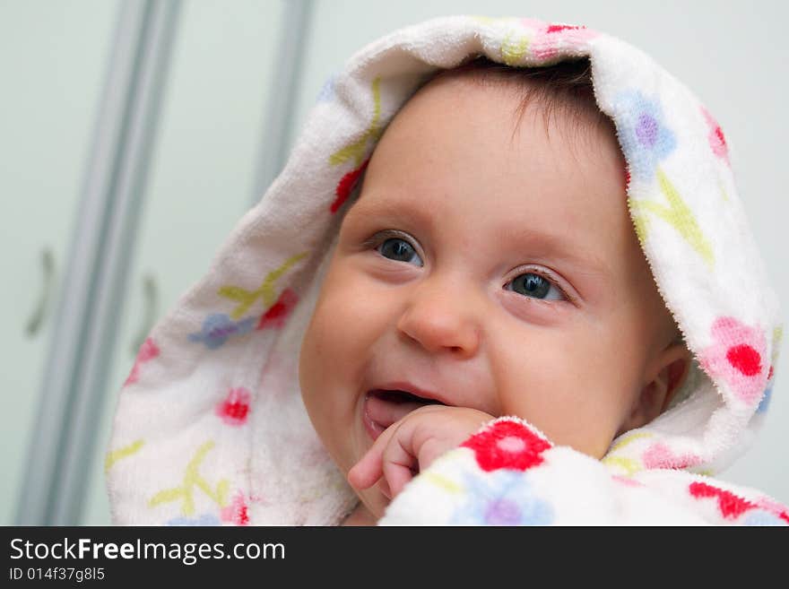 Little baby in dressing-gown before bath. Little baby in dressing-gown before bath.