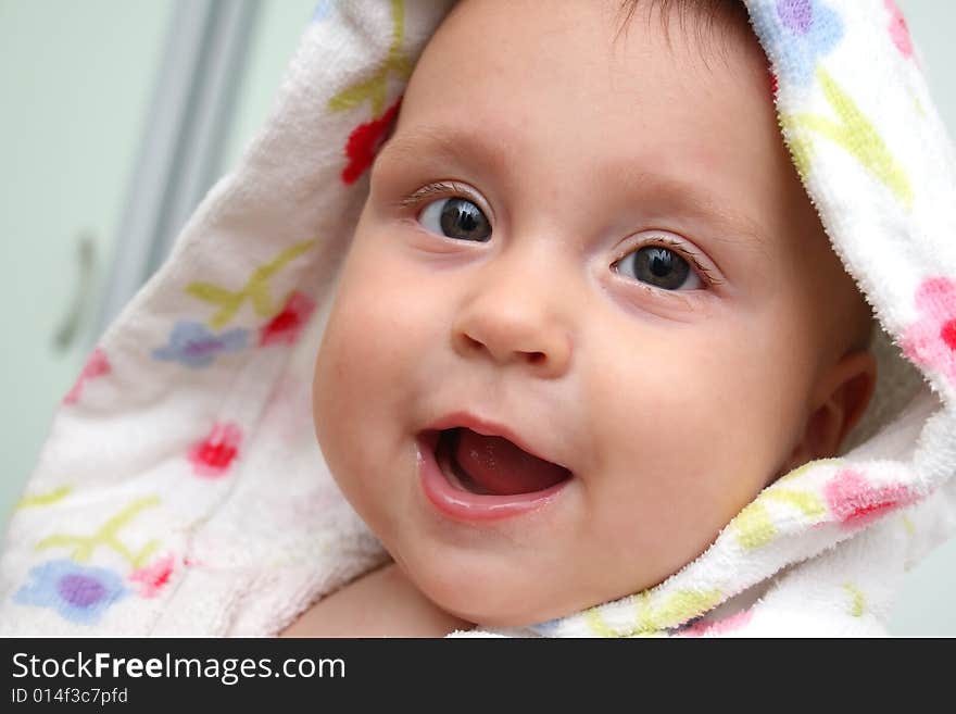 Little baby in dressing-gown before bath. Little baby in dressing-gown before bath.