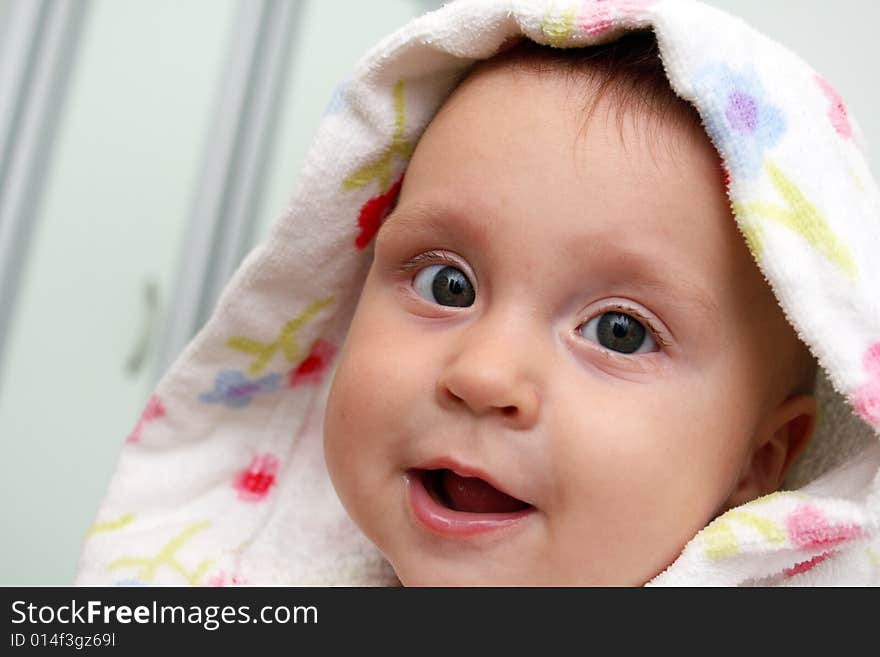 Little baby in dressing-gown before bath. Little baby in dressing-gown before bath.