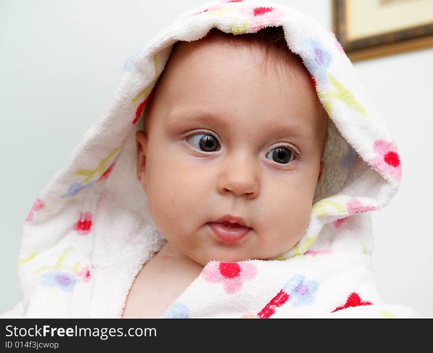 Little baby in dressing-gown before bath. Little baby in dressing-gown before bath.