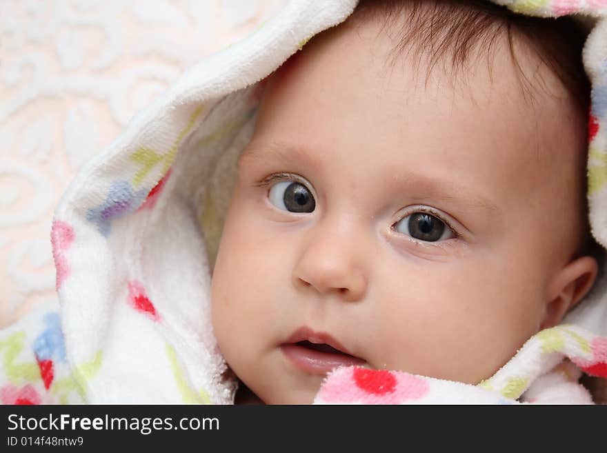 Little baby in dressing-gown before bath. Little baby in dressing-gown before bath.