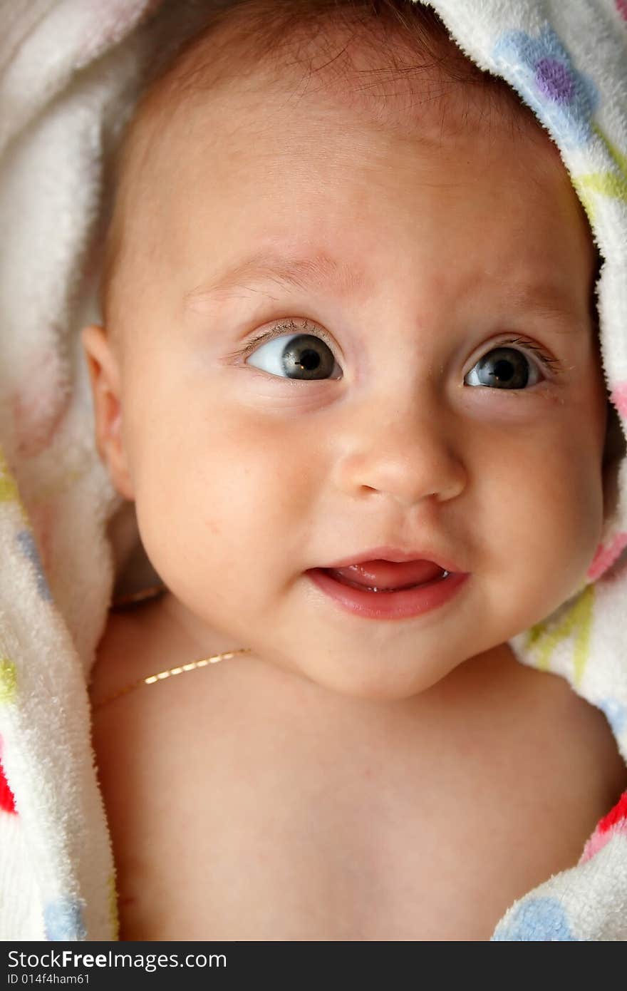 Little baby in dressing-gown before bath. Little baby in dressing-gown before bath.