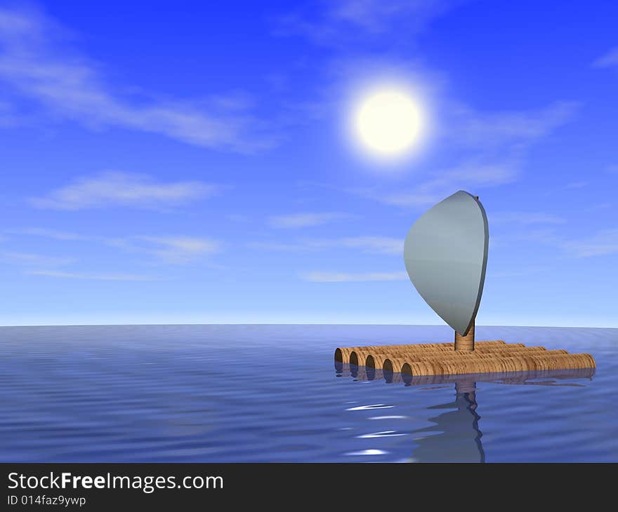 Wooden raft in the sea. 3d render.