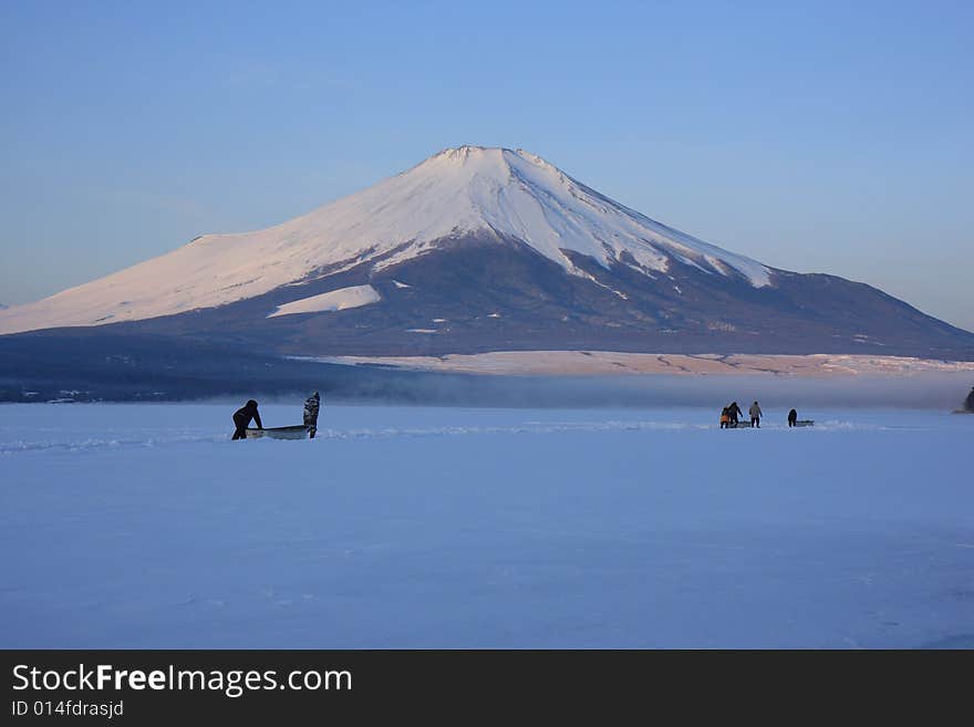 Mt. Fuji over freeze up Lake Yamanaka