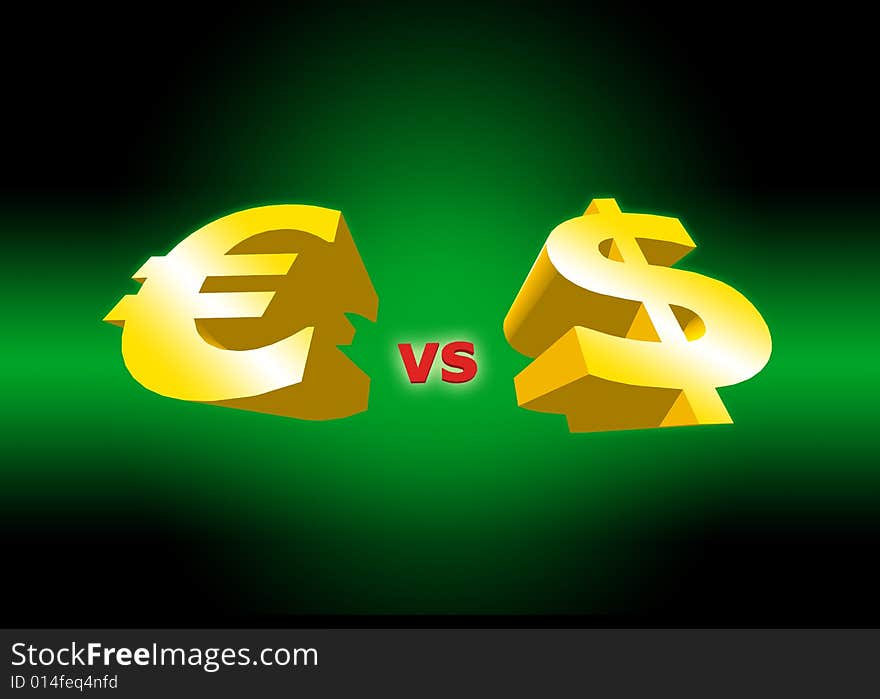 Euro and dollar 3D symbols on a black and green background. Euro and dollar 3D symbols on a black and green background