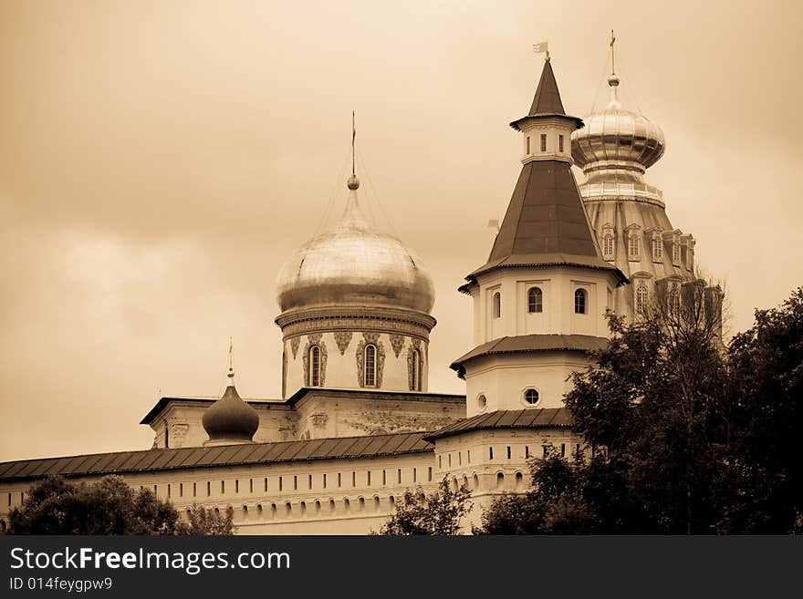 Aged photo: tower and churches in monastery New Jerusalem