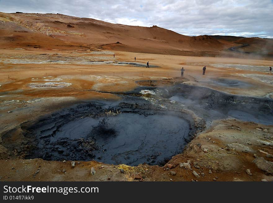 Extinct volcanic cones of yellow colour in the north of Iceland. Extinct volcanic cones of yellow colour in the north of Iceland