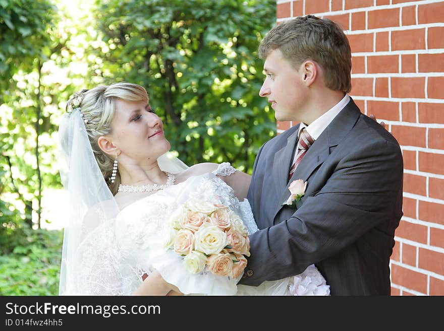 The bride and the groom during celebratory walk. The bride and the groom during celebratory walk