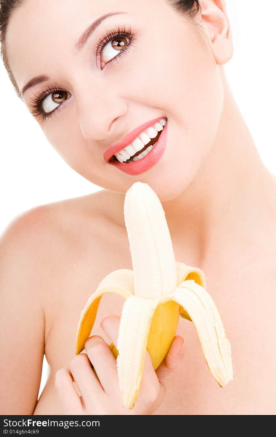 Pretty woman with banana isolated on the white background