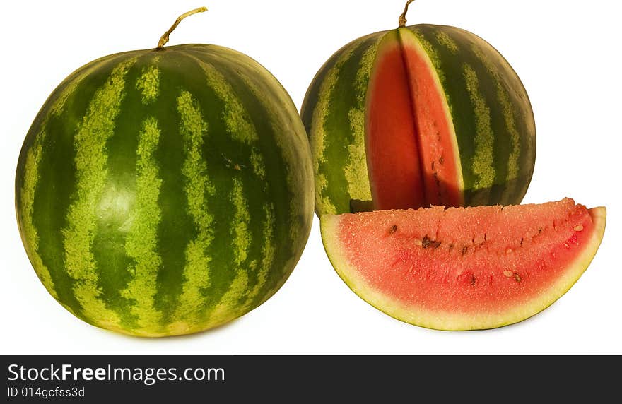 Two fresh watermelons on the white background