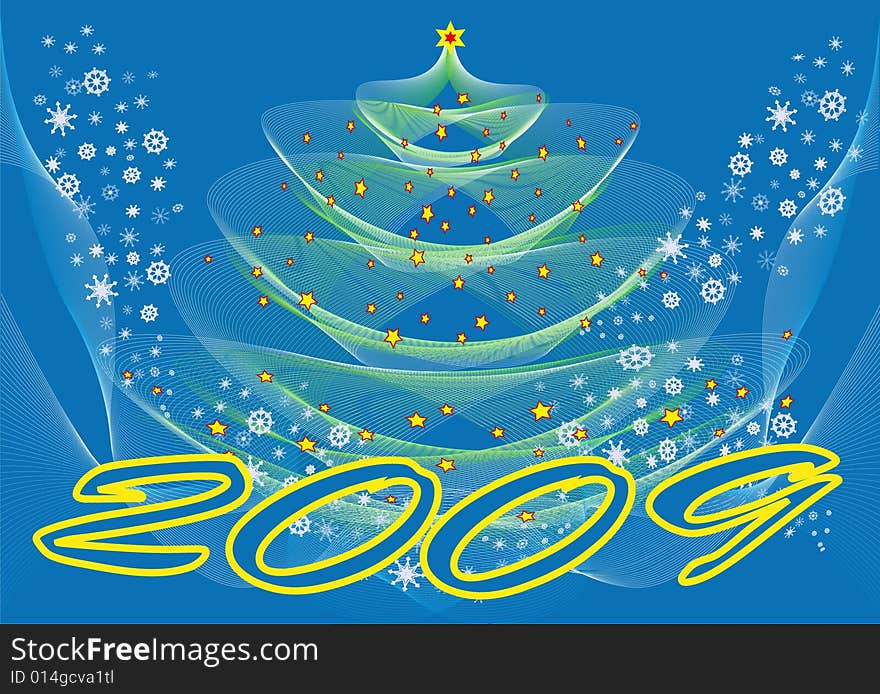 Festive fir tree encircled stars and snowflakes on  blue background