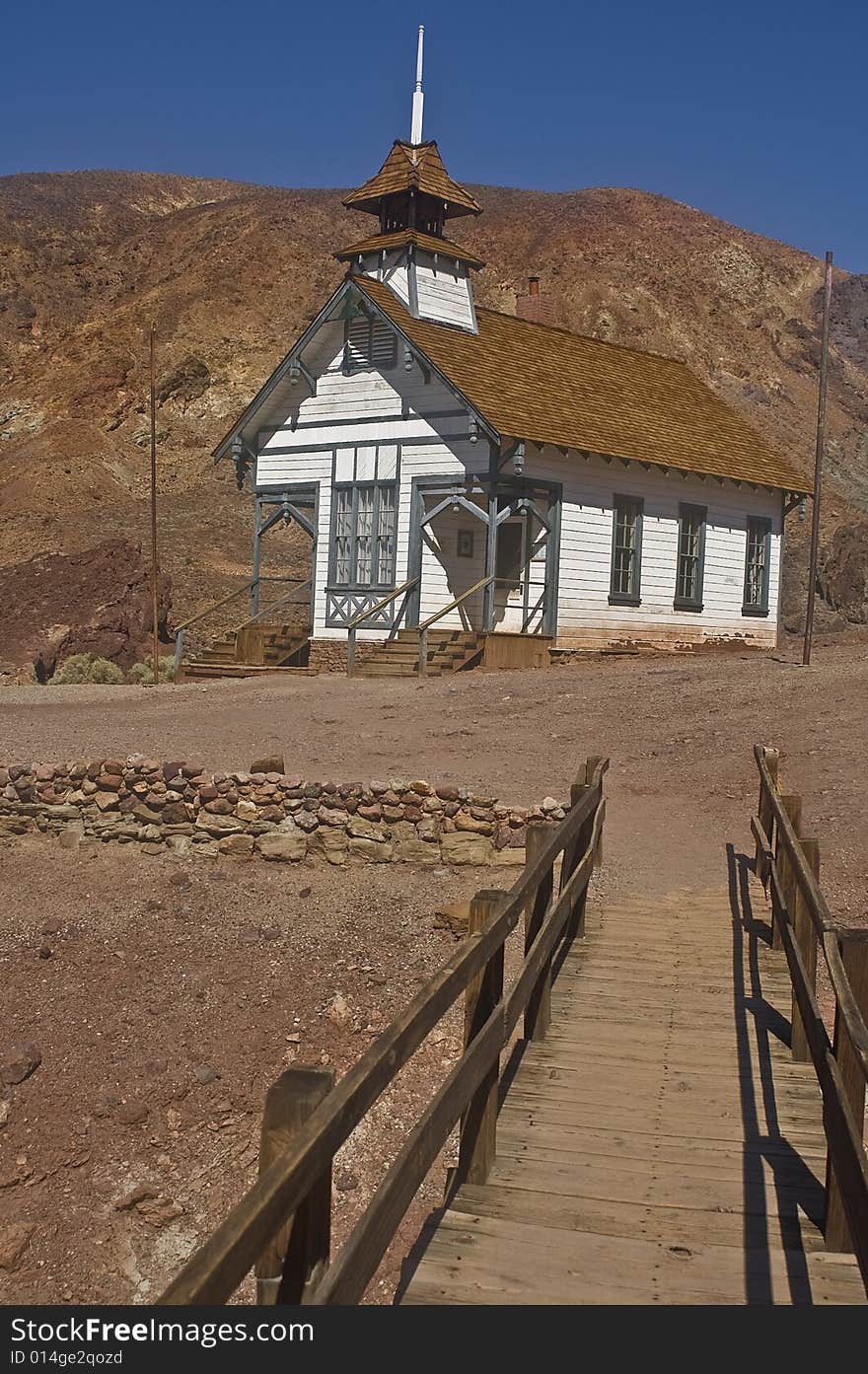 This is a picture of a schoolhouse across the bridge at Calico, California, a ghost town and San Bernardino County park.