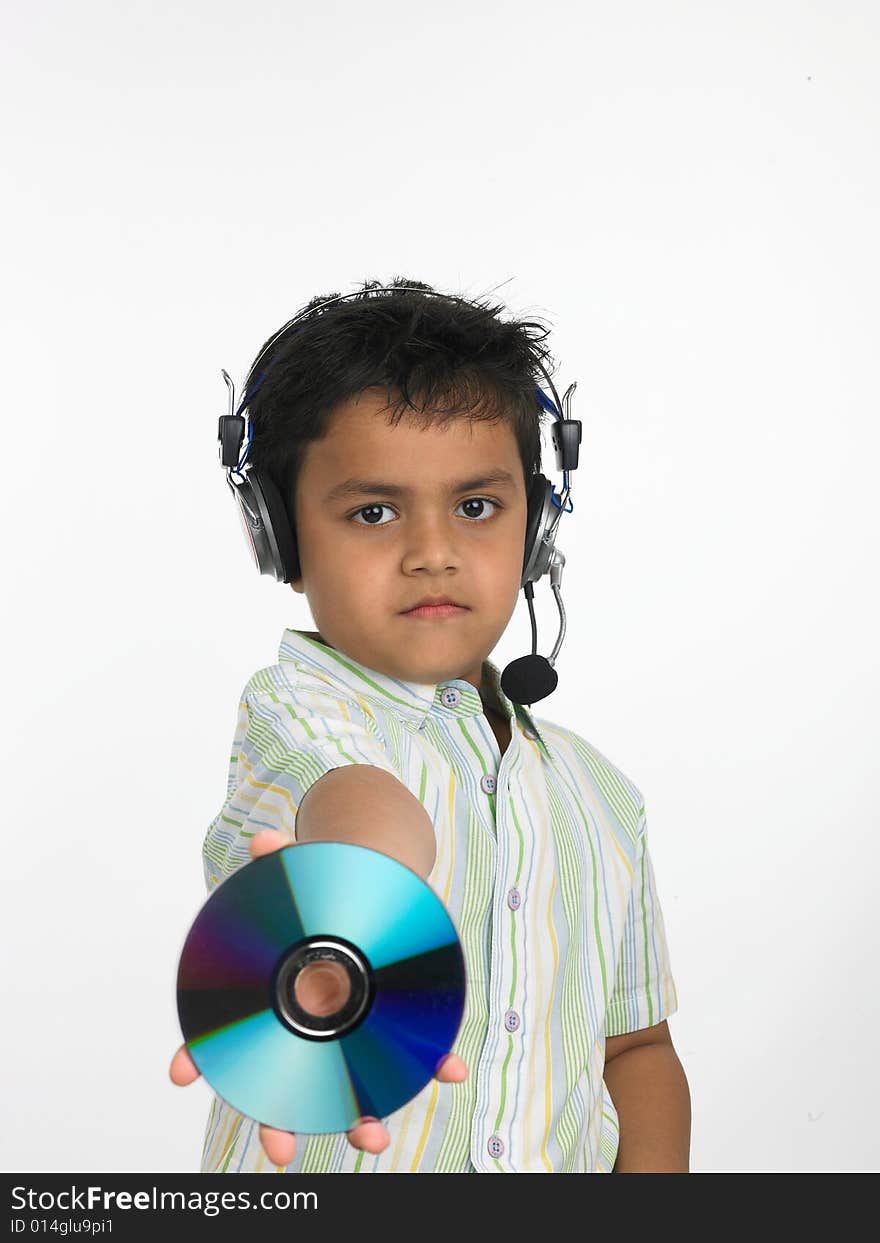 Asian boy holding compact disc