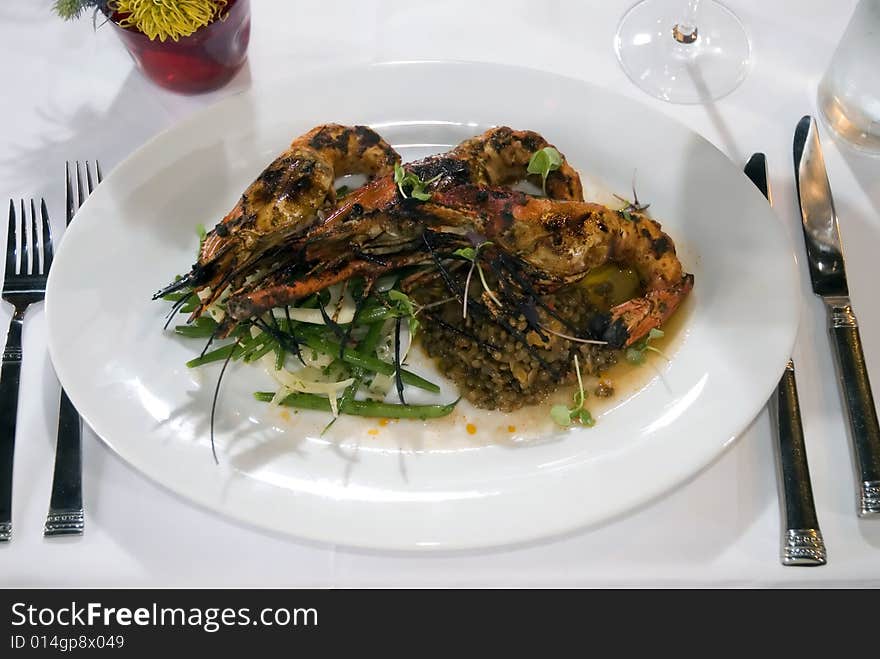 Grilled Prawns with green beans and lentils