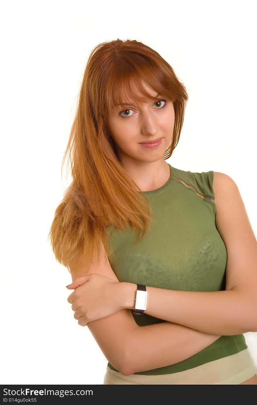 Fitness girl in green t-shirt isolated on white background. Fitness girl in green t-shirt isolated on white background