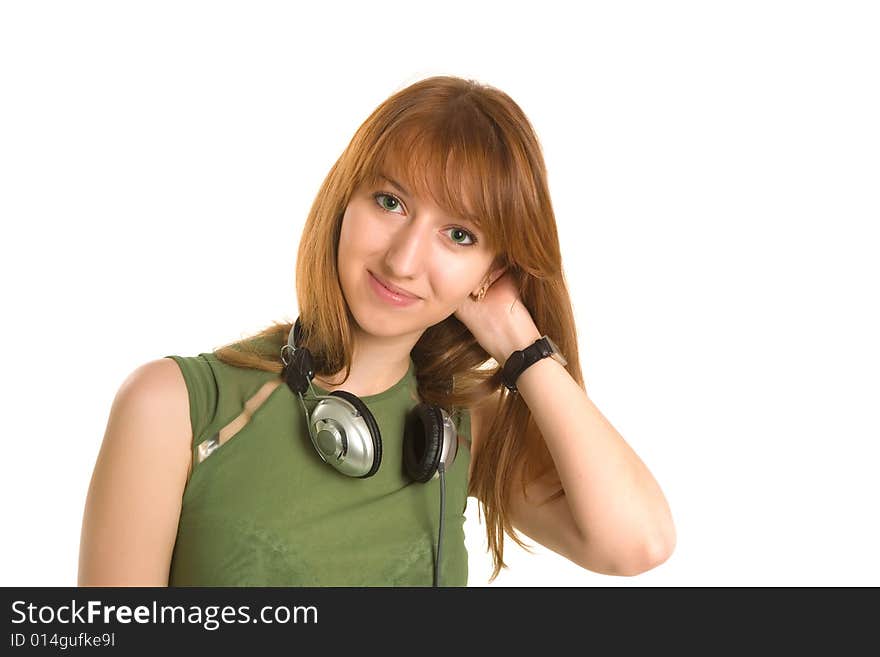 Romantic girl with headphones isolated on white background