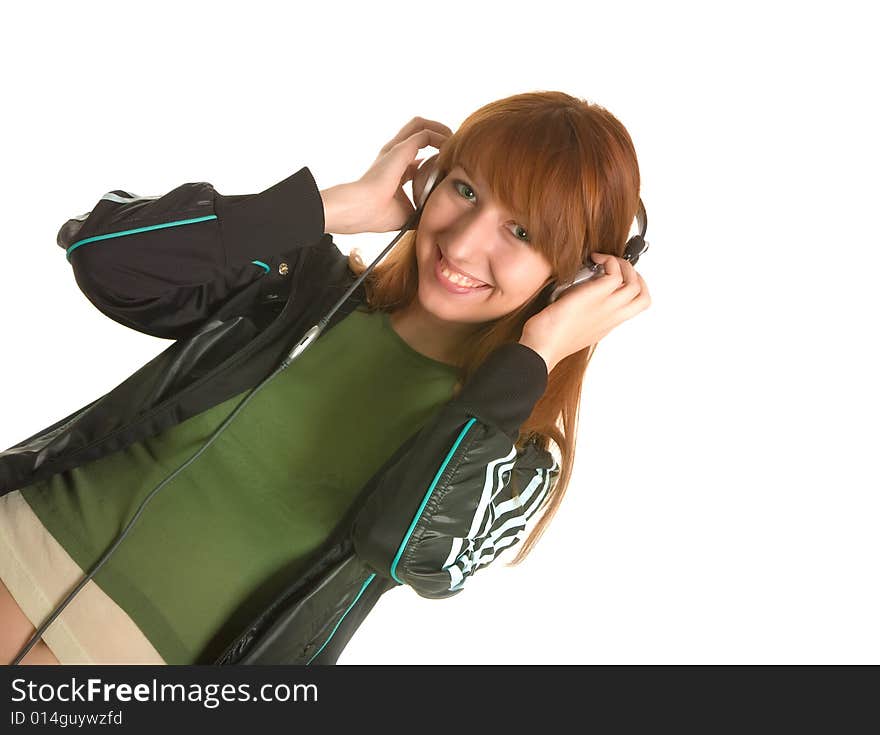 Laughing girl with headphones isolated on white background