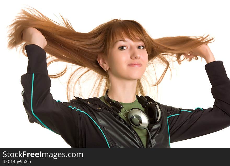 Young girl in casual outfit rising up her hair