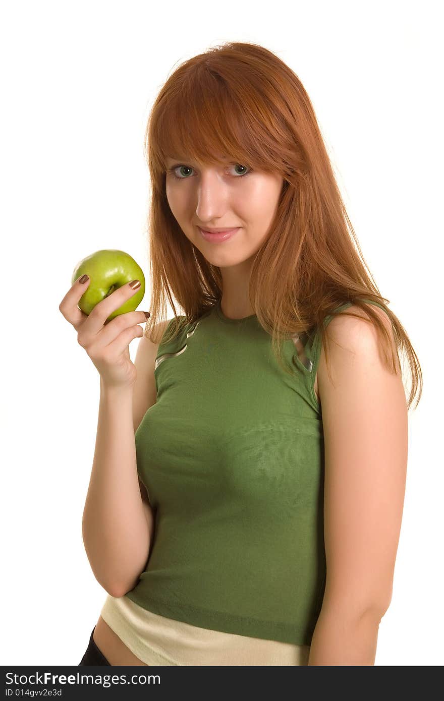 Beautiful girl with green apple isolated on white background