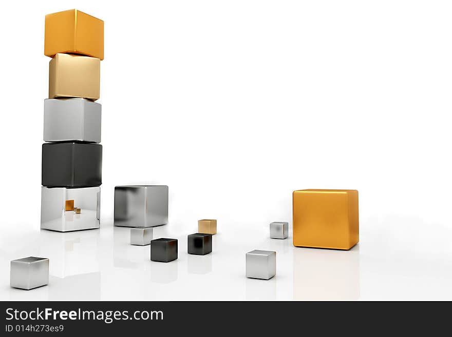 Several metallic cubes strewn chaotic on white background. Several metallic cubes strewn chaotic on white background