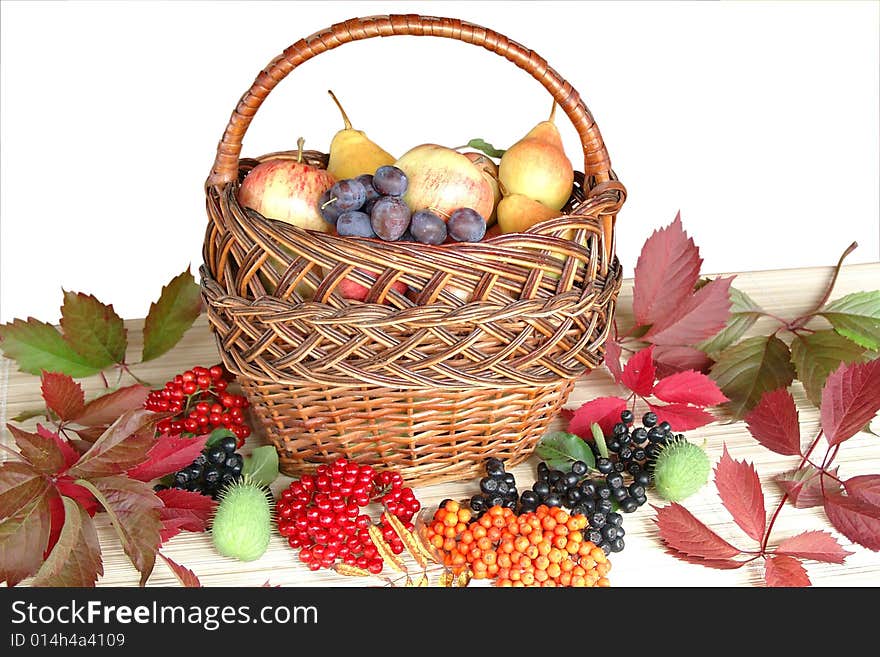 Autumn fruit and berries in a basket. Autumn fruit and berries in a basket