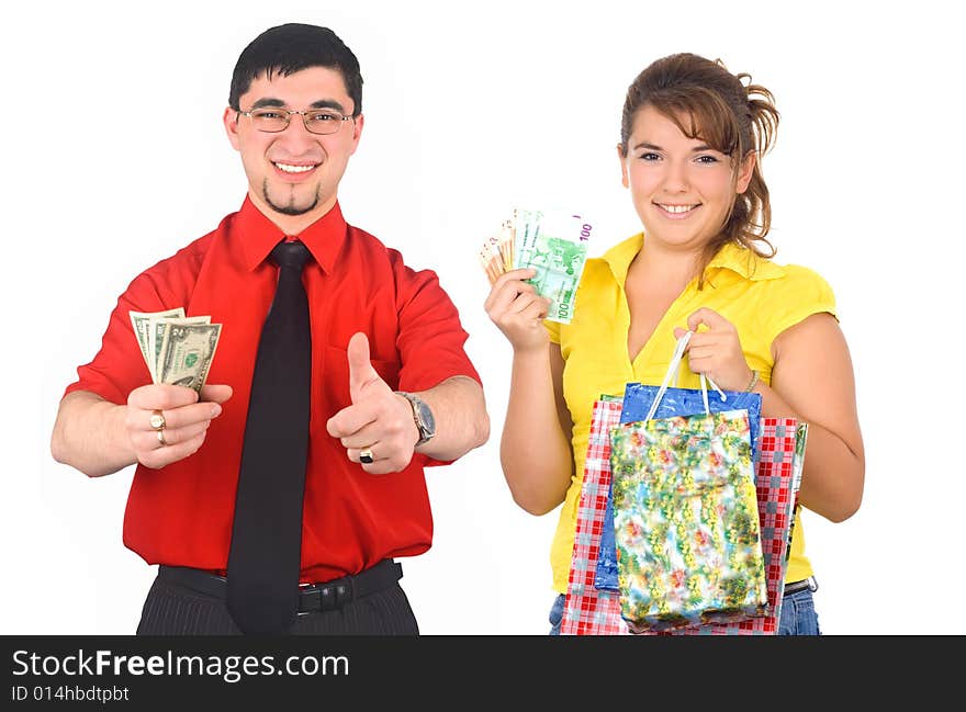 Young man and woman holding money isolated on white background