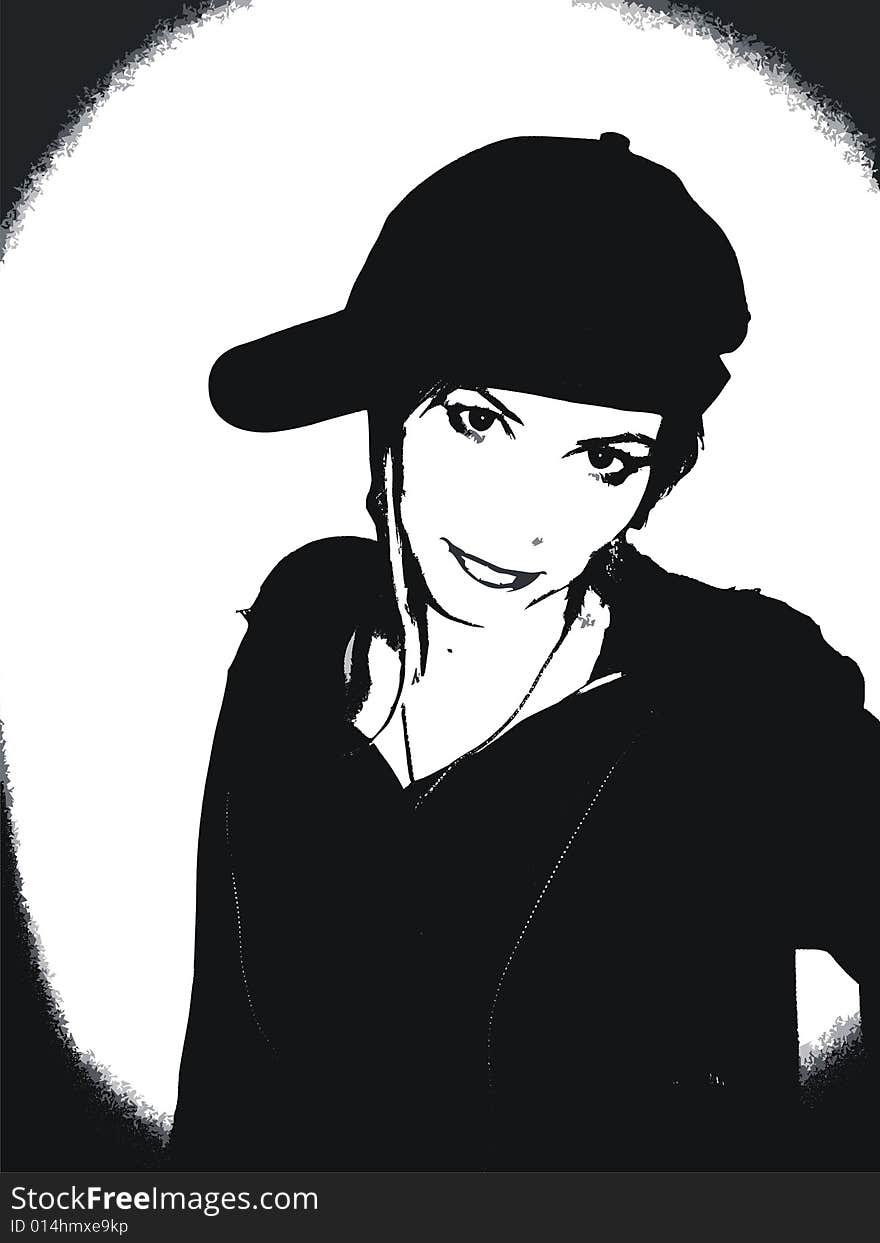 Beautiful young woman with hat - black and white - illustration. Beautiful young woman with hat - black and white - illustration