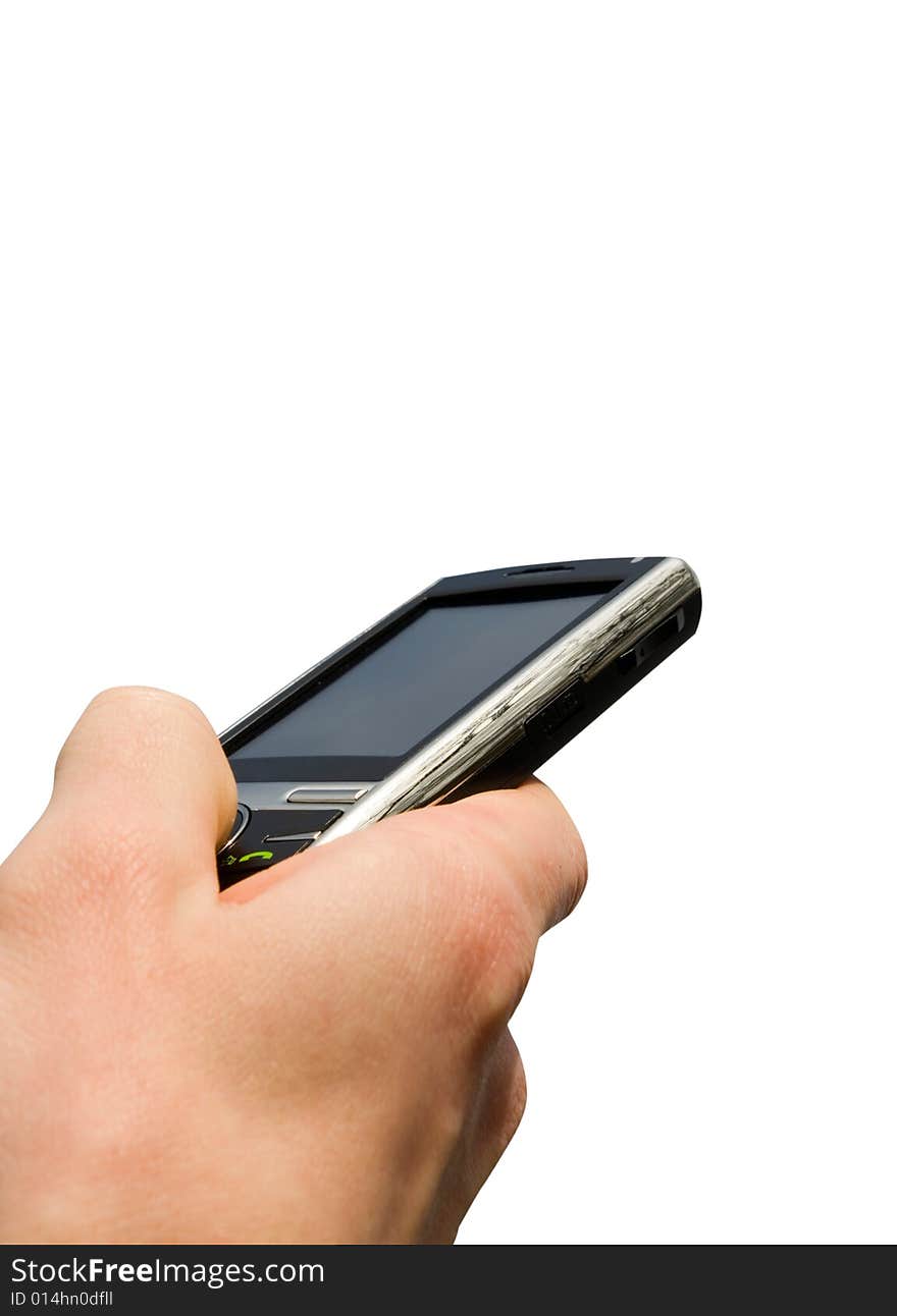 Hands with communicator isolated over white background. Hands with communicator isolated over white background