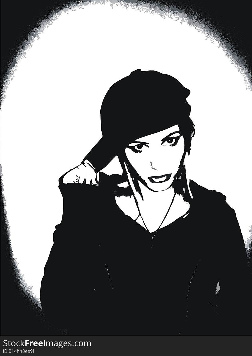 Pretty young woman with the hat - black and white - illustration