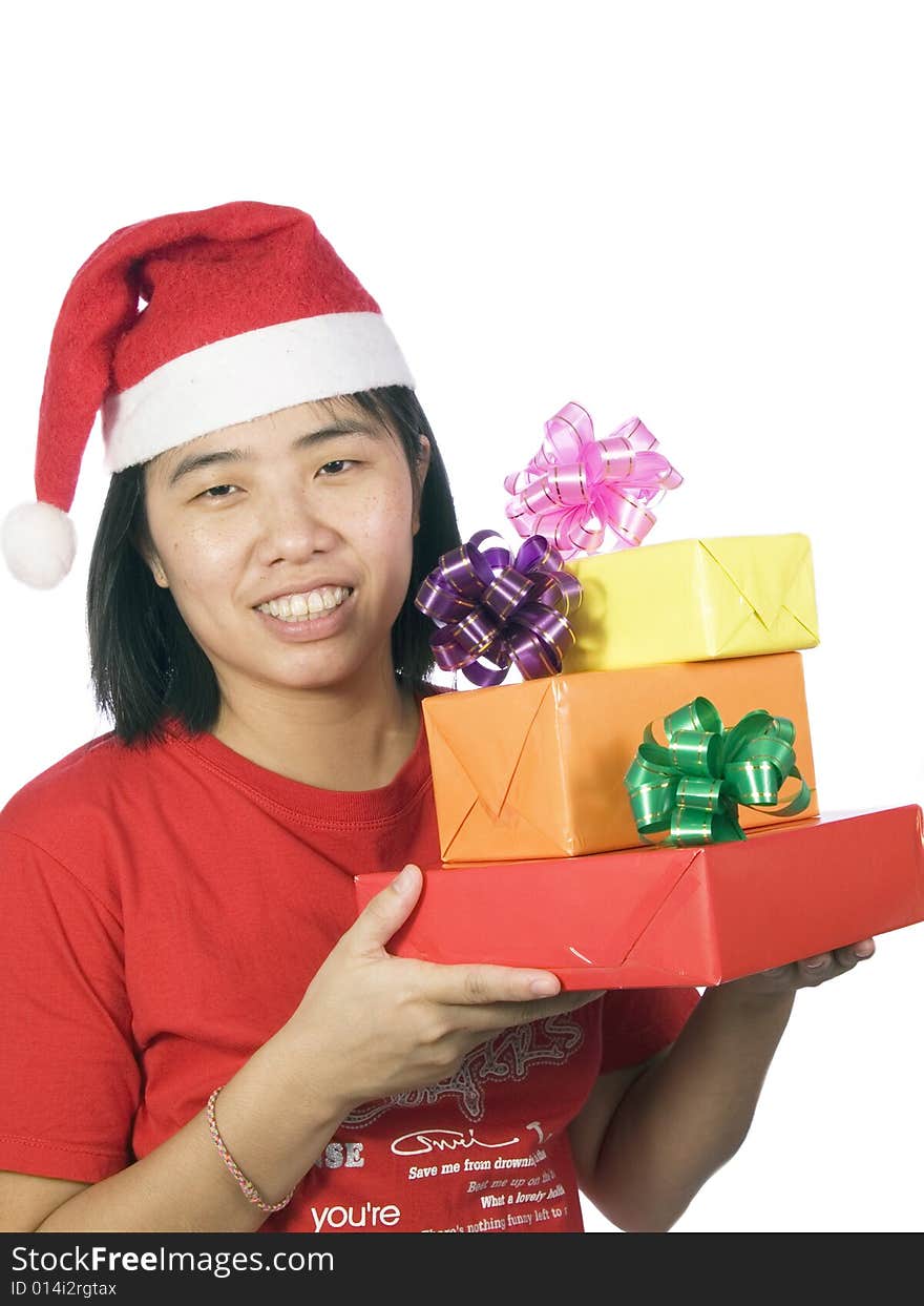 Portrait of a santa woman with hat and gift. Portrait of a santa woman with hat and gift