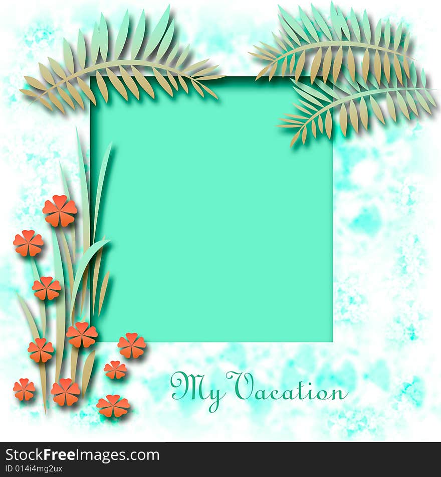 Tropical illustration scrapbook frame flowers and fronds. Tropical illustration scrapbook frame flowers and fronds