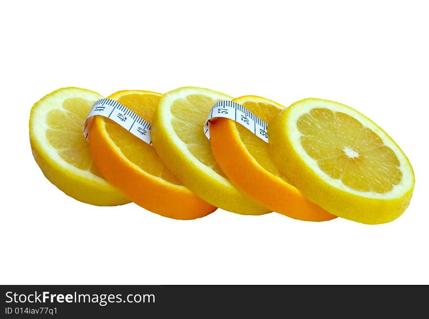 Oranges and lemon Slice with measuring tape