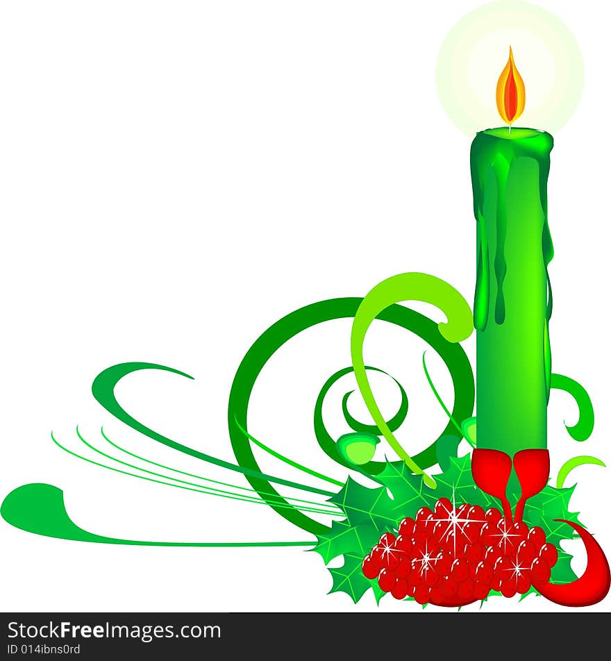 A festive decoration with green candle and holly. A festive decoration with green candle and holly