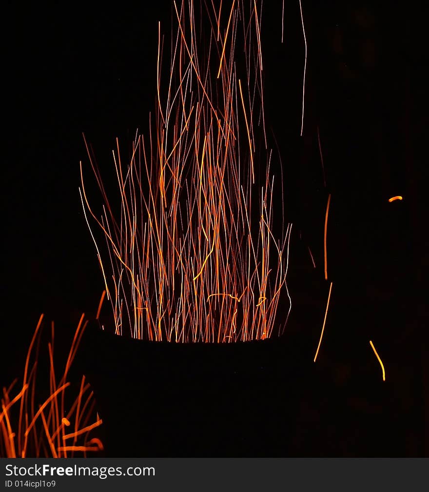 Sparks and fire coming out of the top of a chiminea